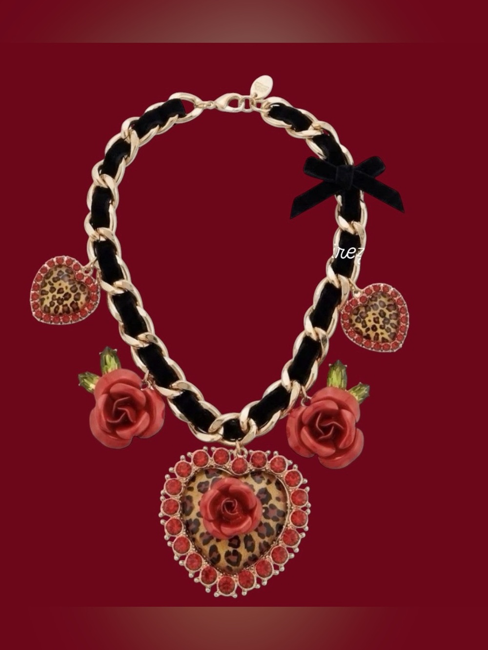 Betsey Johnson Gold-Tone Chain Necklace with Red Roses and Leopard Heart - Picture 16 of 16